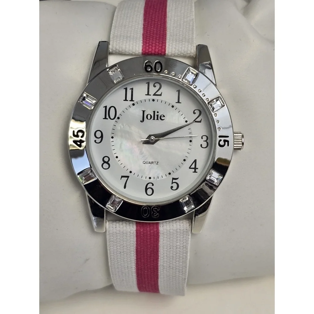 Womens Jolie‎ Red/White Band Silver Toned Wrist Watch Jol10169 NWT